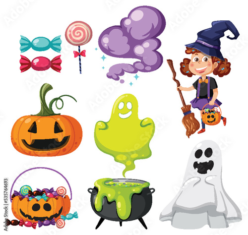 Halloween cartoon character and elements set