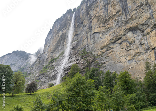The Staubbach waterfall in Lauterbrunnen, in Bernese Oberland, Switzerland. The Staubbach waterfall with its drop of almost 300 meters is the third highest waterfall in Switzerland.