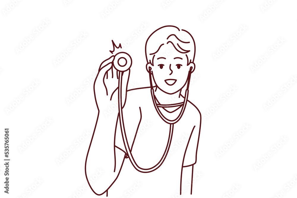 Smiling male doctor with stethoscope ready to examine patient in hospital. Happy man therapist or GP with phonendoscope. Vector illustration. Smiling male doctor with stethoscope ready to examine patient in hospital. Happy man therapist or GP with phonendoscope. Vector illustration.