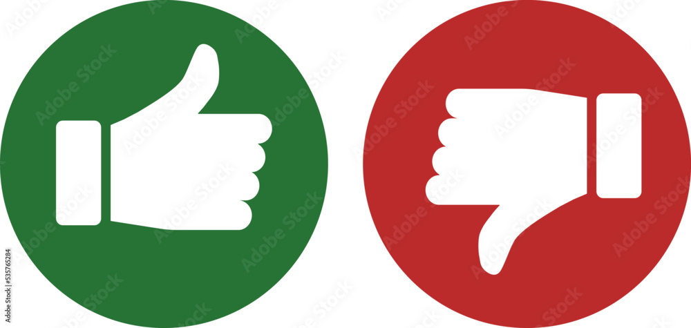 Thumb up and thumb down, vector. The thumbs up and thumbs down icons are green and red. Thumb up and thumb down, vector. The thumbs up and thumbs down icons are green and red.