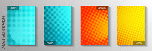 Decorative dot faded screen tone cover templates vector batch. School brochure perforated screen