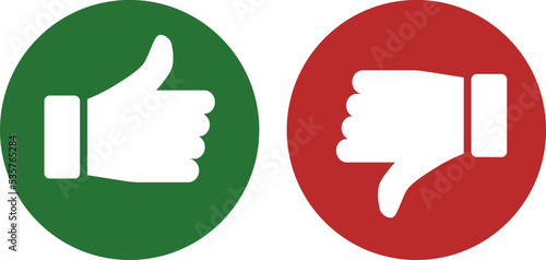 Thumb up and thumb down, vector. The thumbs up and thumbs down icons are green and red.