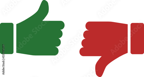Thumb up and thumb down, vector. The thumbs up and thumbs down icons are green and red.