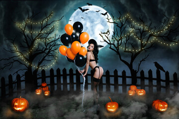 Composite collage picture image of sexy witch balloons halloween party dramatic night background garland pumpkins decorations promo advert