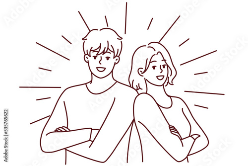 Portrait of smiling couple posing together feeling positive and optimistic. Happy man and woman show leadership and success. Vector illustration. 