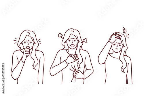 Unhealthy woman suffer from covid-19 symptoms. Unwell girl struggle from coronavirus have cough and shortness of breath. Vector illustration. 
