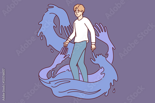Young man surrounded by huge multiple hands. Guy influenced and manipulated by people. Concept of psychological manipulation and addiction. Vector illustration. 