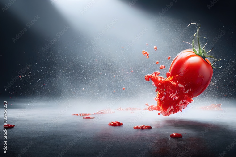 Tomato red sauce explosion, splash through flying tomatoes. Ketchup