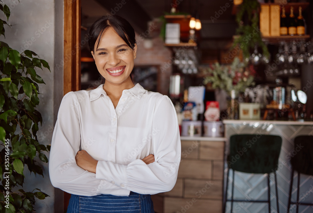 Small business success, cafe restaurant and happy woman leader portrait in Costa Rica hospitality industry. Confident coffee shop manager, waiter food service with apron and store entrance welcome Small business success, cafe restaurant and happy woman leader portrait in Costa Rica hospitality industry. Confident coffee shop manager, waiter food service with apron and store entrance welcome