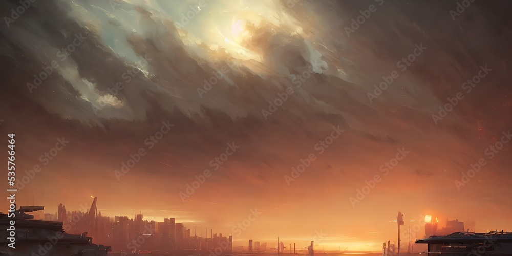 Fototapeta premium Dramatic scene, cities of the future, in the clouds.