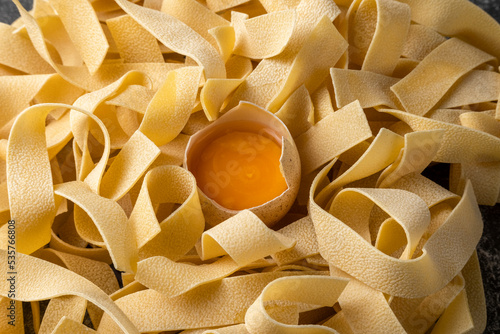 Homemade egg noodles, close up view of food products