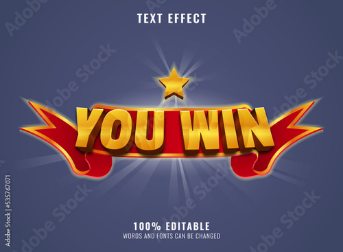 you win banner with ribbon and star text effect for video games