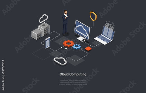 Cloud Computing. Delivery of Computing Services Including Servers, Storage, Databases, Networking And Software. On-Demand Availability of Computer System Resources. Isometric 3d Vector Illustration