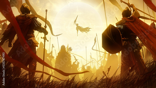 A jubilant army of knights in plate armor with swords and shields responds to the cry of their holy leader, she is a woman with a huge sword and a long cloak hovering in the air like an angel. 2d art