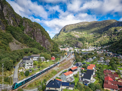 Train Oslo - Bergen in Dale village. Norway.