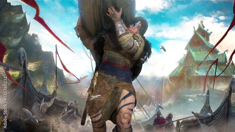 giant woman with a muscular body drags a Scandinavian ship on her shoulder, she is a beautiful strong woman with blue eyes, behind a Viking village and beautiful landscape with clouds. 3d rendering giant woman with a muscular body drags a Scandinavian ship on her shoulder, she is a beautiful strong woman with blue eyes, behind a Viking village and beautiful landscape with clouds. 3d rendering