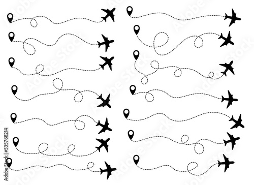 Airplane travel path set vector illustration isolated on white