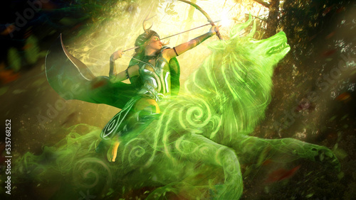 A beautiful Scandinavian female archer in a sunny forest, riding a green magical horned wolf spirit with patterns on his body, she is the guardian of the forest pulling a magic arrow. 3d rendering