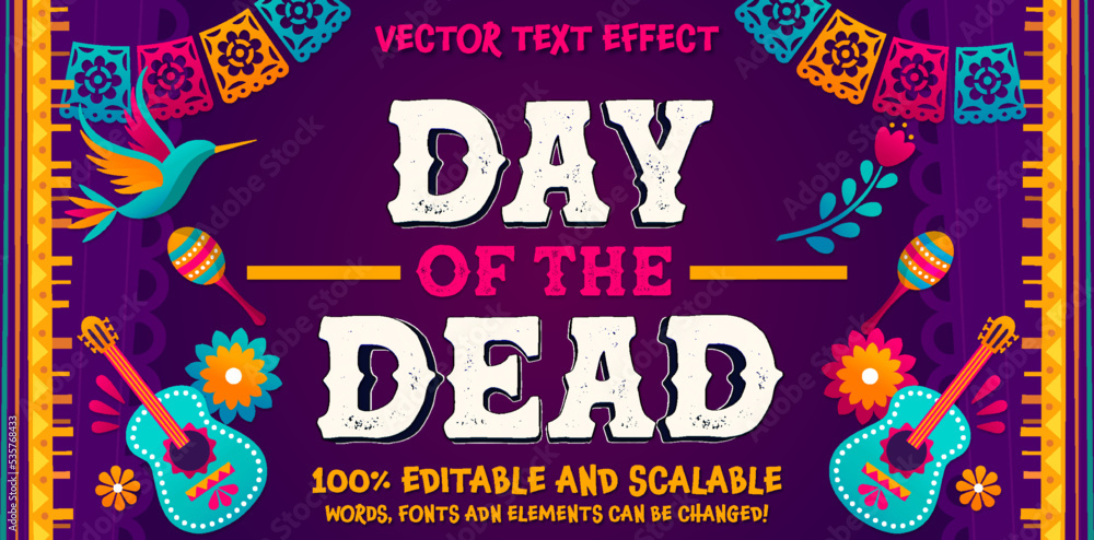 Day of the Dead text, Did de Muertos Spanish tradition text lettering, Mexican Holliday template. Colourful vector illustration with skulls, kithara, flowers, perforated paper. Mexico template 