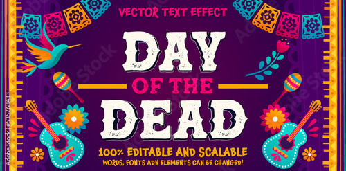 Day of the Dead text  Did de Muertos Spanish tradition text lettering  Mexican Holliday template. Colourful vector illustration with skulls  kithara  flowers  perforated paper. Mexico template 