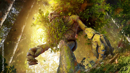 Slika na platnu A mighty huge ancient ent is walking through an ancient sunlit forest with giant trees, branches grow from his back and a beard of leaves, he is a giant tree guardian of the forest