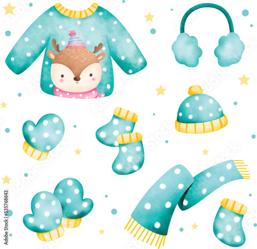 Watercolor illustration set of winter clothes