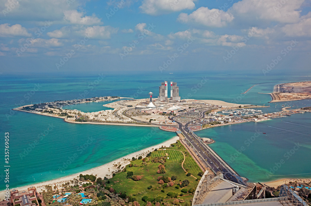 Aerial view of Al Marina with Causeway in Abu Dhabi, it contains Marina Mall and Marina Village