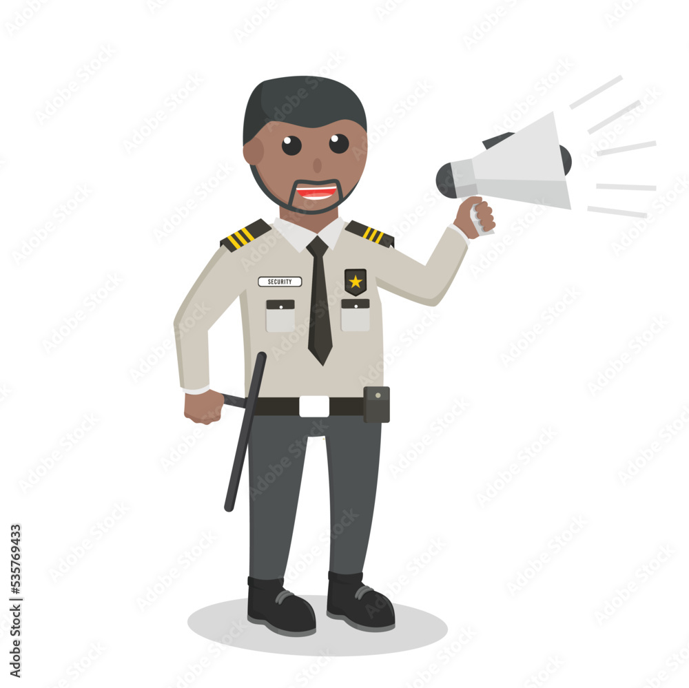 security african officer holding megaphone design character on white background security african officer holding megaphone design character on white background
