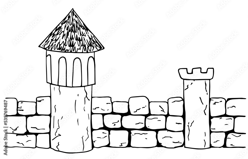 Simple hand-drawn vector drawing in black outline. Ancient castle ...