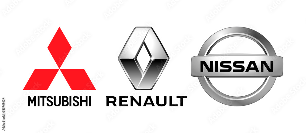 Vecteur Stock Logos of car manufacturers alliance: Renault, Nissan,  Mitsubishi, on white background, vector illustration | Adobe Stock