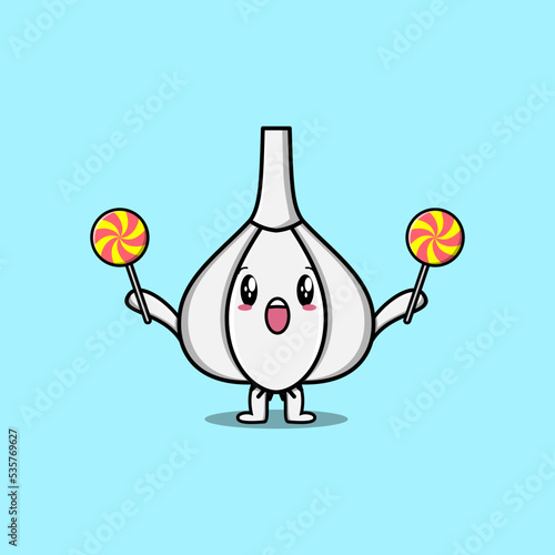 Cute cartoon Garlic character holding lollipop candy in flat cartoon illustration