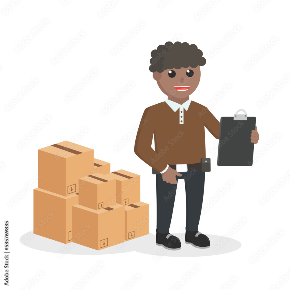 delivery man african checking boxs design character on white background delivery man african checking boxs design character on white background