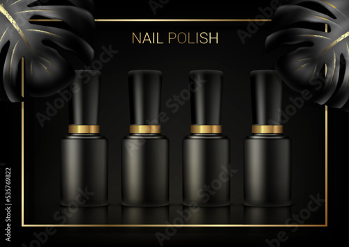 Black background with black monstera leaves and golden color. Banner for a nail salon advertising nail polish in a black bottle. 3D realistic Vector.