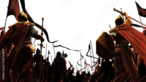 Fototapeta An army of fantasy medieval knights stands jubilant, many raising their weapons, flags, spears and swords as a sign of victory. 2d isolated PNG art