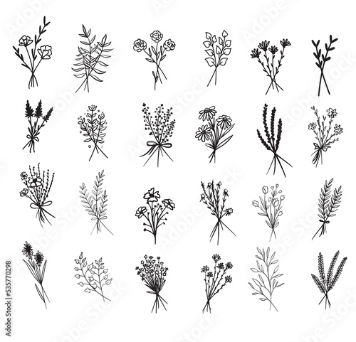 Collection of bouquets of wild flowers.Flower compositions sketch.Hand drawn botanical elements.Vector illustration.