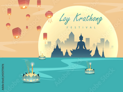 Loy krathong Festival Travel Thailand Poster Design Background Vector Illustration.  Chao Phraya River Holy Place in Thailand Background.