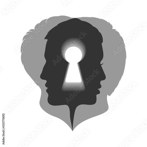 Man and women overlapping profile with keyhole graphic icon. Gender psychology sign isolated on white background. Relationship and understanding symbol. Vector illustration