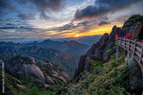 Beautiful sunrise over the peaks of Mount Huangshan