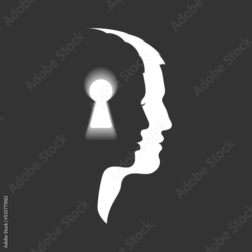 Man and women profile with keyhole graphic icon. Gender psychology sign isolated on black background. Relationship and understanding symbol. Vector illustration
