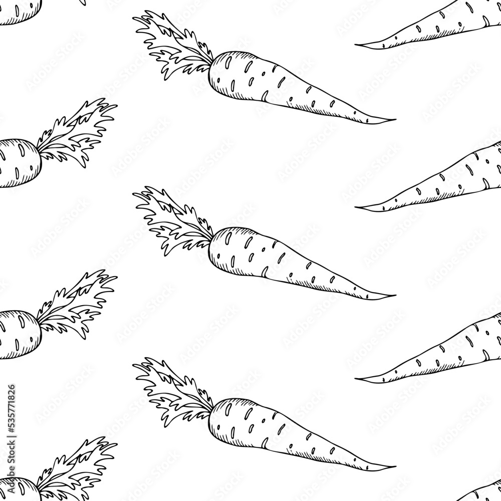 seamless black and white pattern with carrots, hand drawing, contour ...