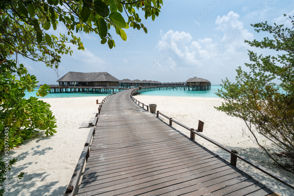 Irufushi, the Maldives, view of overwater villas from the gardens