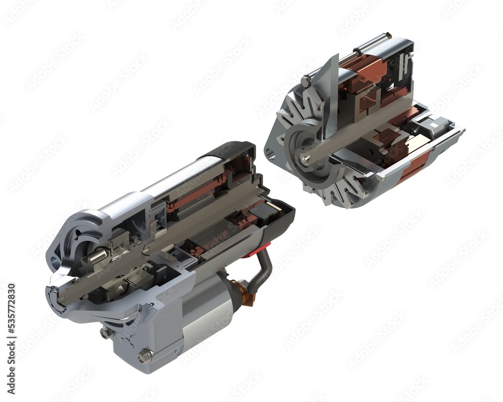 Car starter and alternator in section view 3D rendering isolated on white background. Automotive spare parts. Isometric view