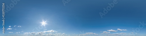 seamless clear blue sky hdri 360 panorama  view with zenith and beautiful clouds for use in 3d graphics as sky replacement and sky dome or edit drone shot.