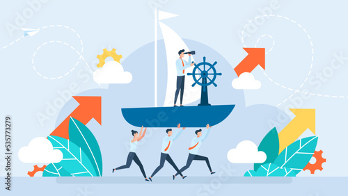 Business management. Smart businessman boat captain control steering wheel helm with telescope vision. Leadership to lead company success. Workers carry the ship. Teamwork. Vector flat illustration