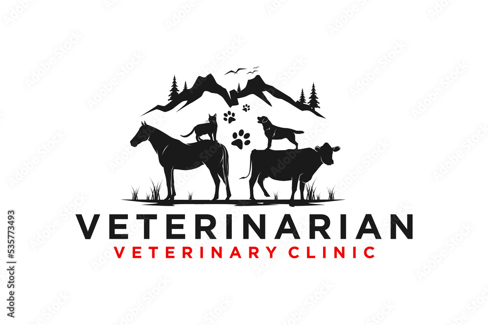 Veterinarian logo design with silhouette animal horse cow dog cat mountain icon symbol rounded shape emblem badge Veterinarian logo design with silhouette animal horse cow dog cat mountain icon symbol rounded shape emblem badge