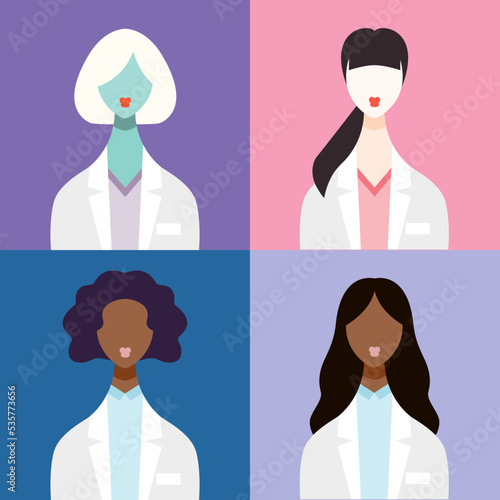 Medical avatars set . Medical clinic staff flat icons. Portraits with different skin tones. Set of doctors, nurses, paramedics and scientists.