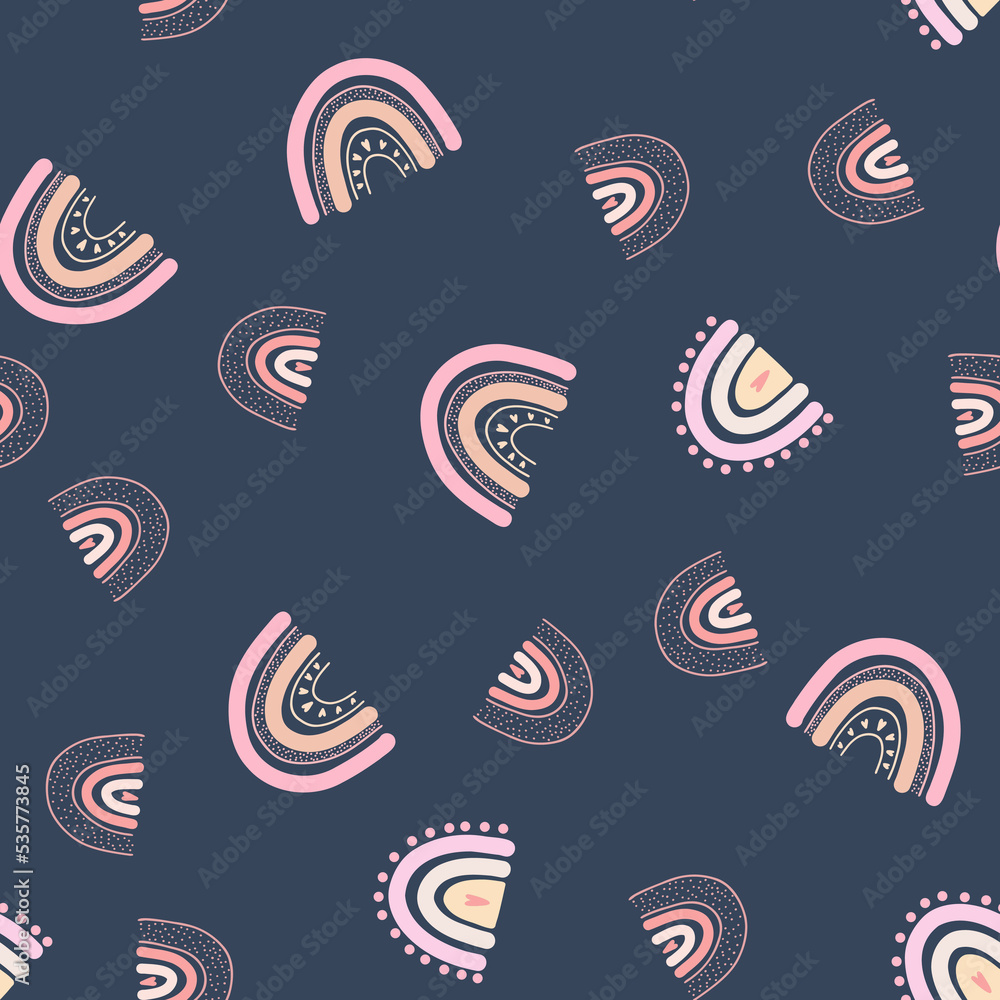 Naklejka premium Seamless pattern with hand drawn rainbows, hearts, clouds, raindrops. Vector background with colorful pastel rainbow childish scandinavian style for fabric print, apparel, children textile design
