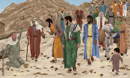 Blind Man Crying Out to Jesus for Mercy as Crowd Tells Him to be Quiet.  Biblical illustration showing Luke 18:35-42