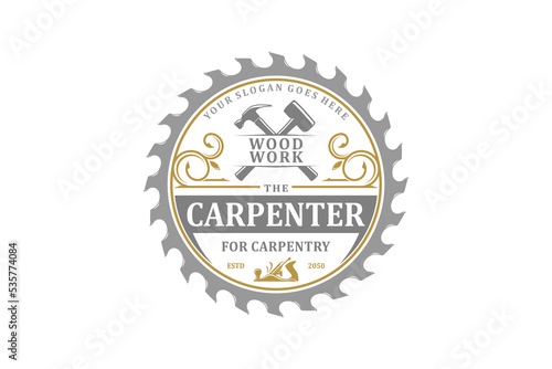 Carpenter hammer logo circular saw plane wood vintage badge illustration symbol woodwork industrial