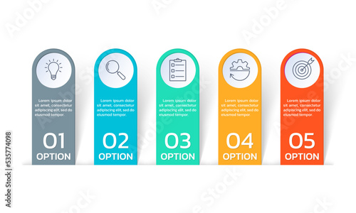 5 steps, option infographic with business icons. Presentation, process, timeline ingfo graphic template. Vector illustration.